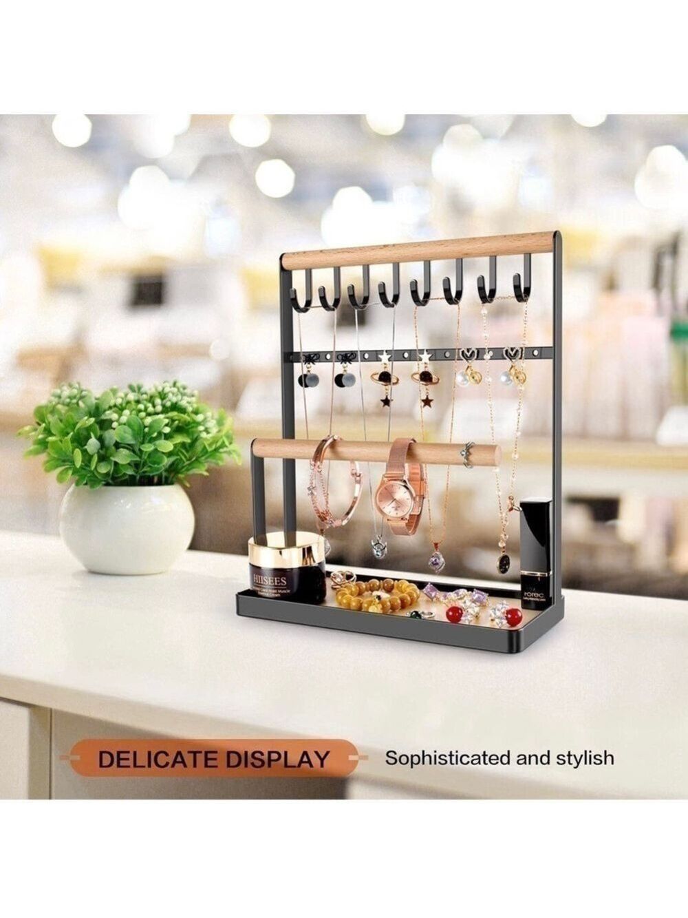 New-4 Tier Wood/Metal Jewelry Rack Stand Jewelry Wooden Tower Multi Storage
